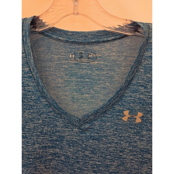 Under Armour Women's S Loose Fit Athletic V-Neck Shirt Heat Gear Heather Blue - Picture 2 of 7